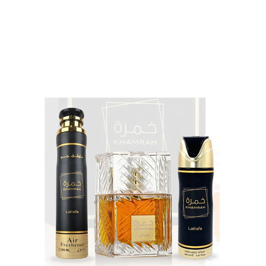 PACK KHAMRAH (Perfume Khamrah + Ambientador + Desodorante Khamrah ) Lataffa set Unisex